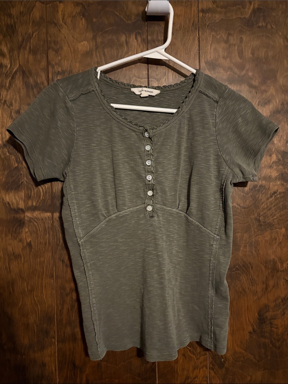 Lucky Brand Olive Short Sleeve Button Henley Top